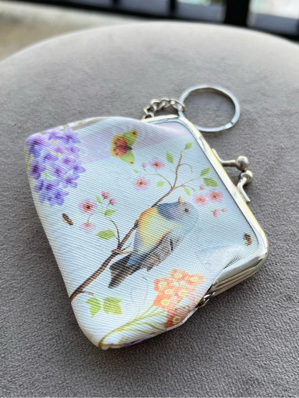 Yellow Floral Bird White Coin Purse Keychain